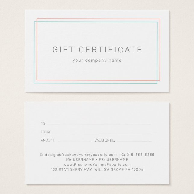 AVERY Coral and Teal Business Gift Certificate (Vorne & Hinten)