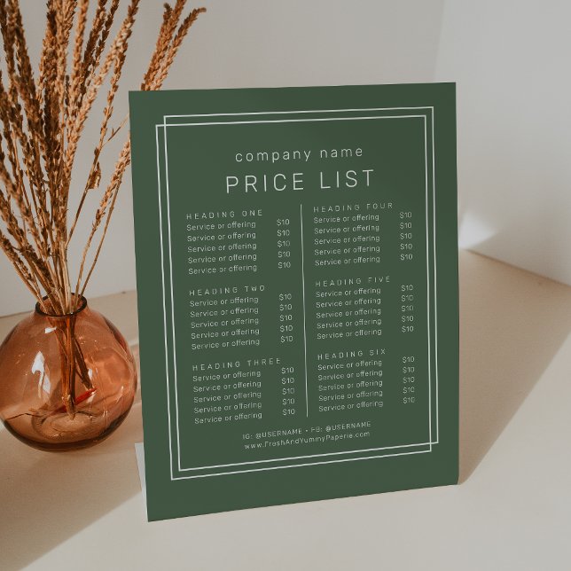 AVERY Dunkelgrüne Boho-Geschäftsservice-Preisliste Sockelschild (AVERY Dark Green Boho Business Services Price List Pedestal Sign)