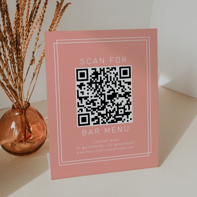 AVERY Minimal Blush Pfirsich-Korallen-Bar-Menü-QR- Sockelschild (AVERY Minimal Blush Peach Coral Bar Menu QR Code Pedestal Sign)