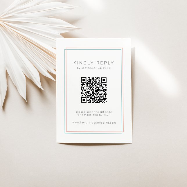 AVERY Modern Coral und Aquamarin QR Code UAWG Wedd Begleitkarte (AVERY Modern Coral and Teal QR Code RSVP Wedding Enclosure Card)