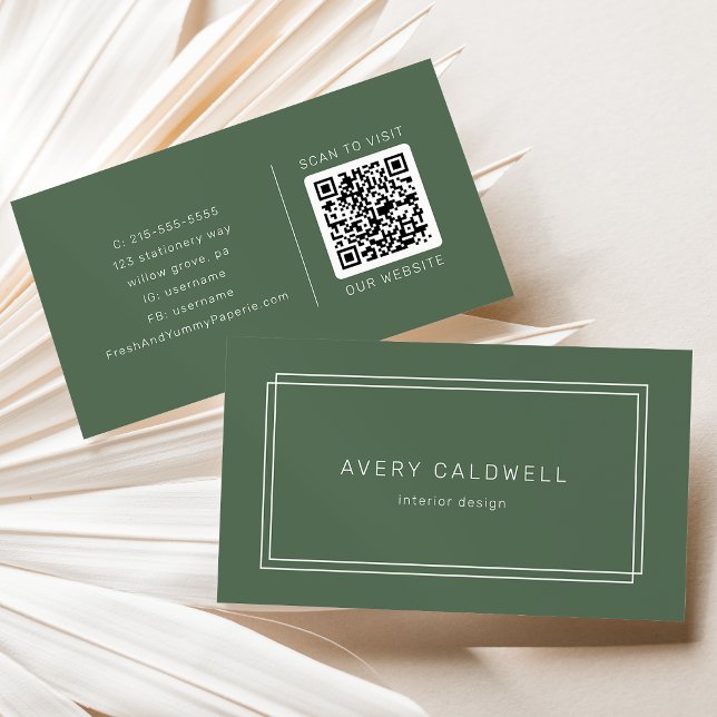 AVERY Rustikalisches Dunkelgrünes Boho-Doppelrahme Visitenkarte (AVERY Rustic Dark Green Boho Double Frame QR Code Business Card)