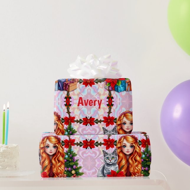 AVERY ~ Weihnachtsmädchen und Katze ~ Geschenkpapier (Partygeschenke)