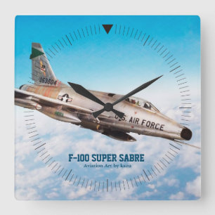 Aviation Art Wall Clock"F-100 Super Saber" Quadratische Wanduhr
