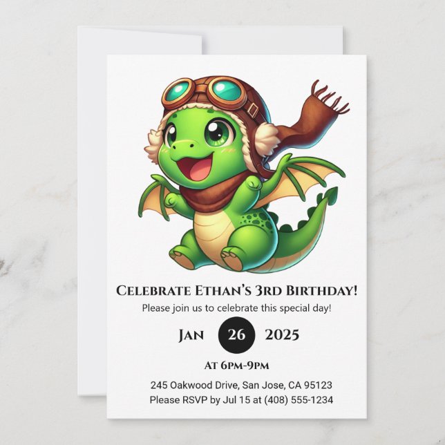 Aviator-Baby-Drache Geburtstag Einladung (Vorderseite)