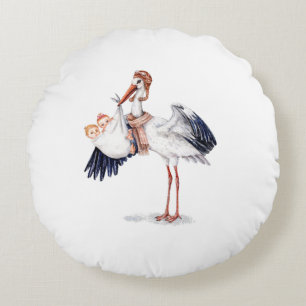 Aviator Stork Carried Twins Rundes Kissen