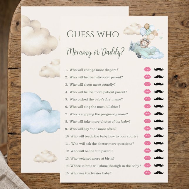 Aviator-Teddybär-Mommy-oder-Daddy-Baby-Shower-Spie (Guess Who Mommy or Daddy Game Bearly Wait Boy)