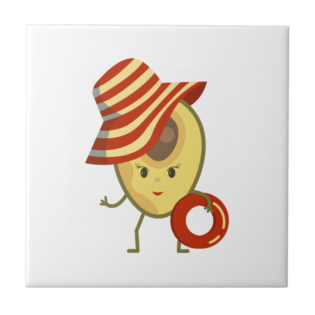 Avocado Beach Girl mit Sonnenmütze und Schwimmring Fliese (Vorderseite)