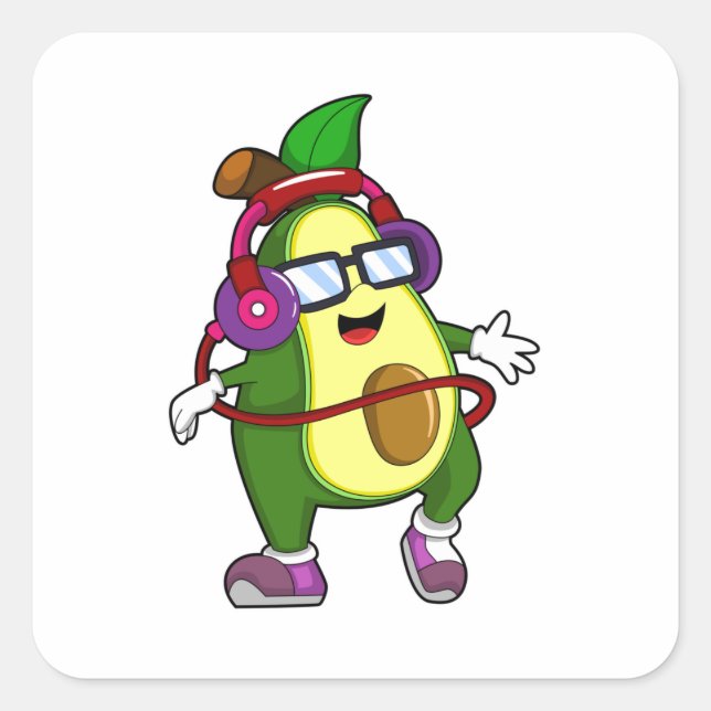 Avocado bei Musik mit Kopfhörer Quadratischer Aufkleber (Vorderseite)