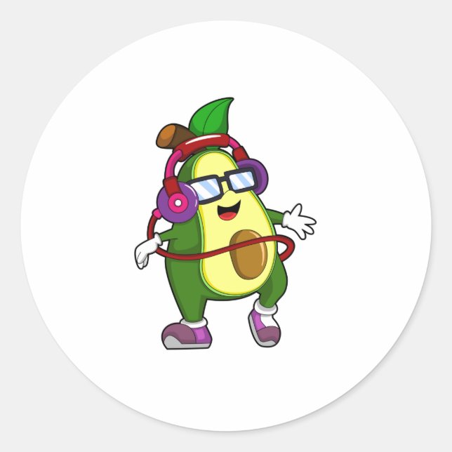 Avocado bei Musik mit Kopfhörer Runder Aufkleber (Vorderseite)