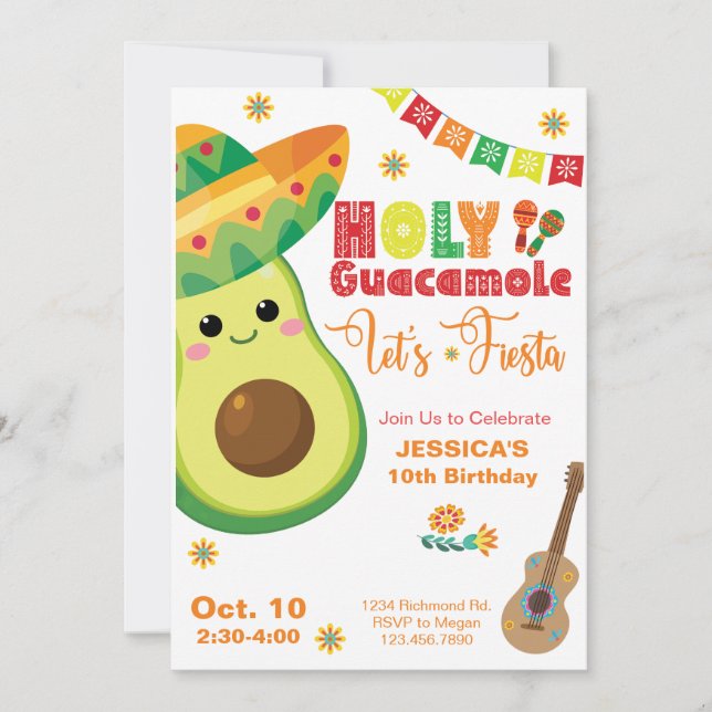 Avocado Birthday Fiesta Party Kids Green Red Einladung (Vorderseite)