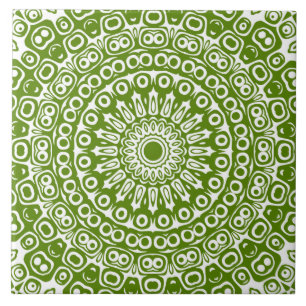Avocado Green auf White Mandala Kaleidoscope Fliese