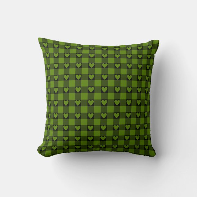 Avocado Green Black Buffalo Heart Plaid Kissen (Vorderseite)