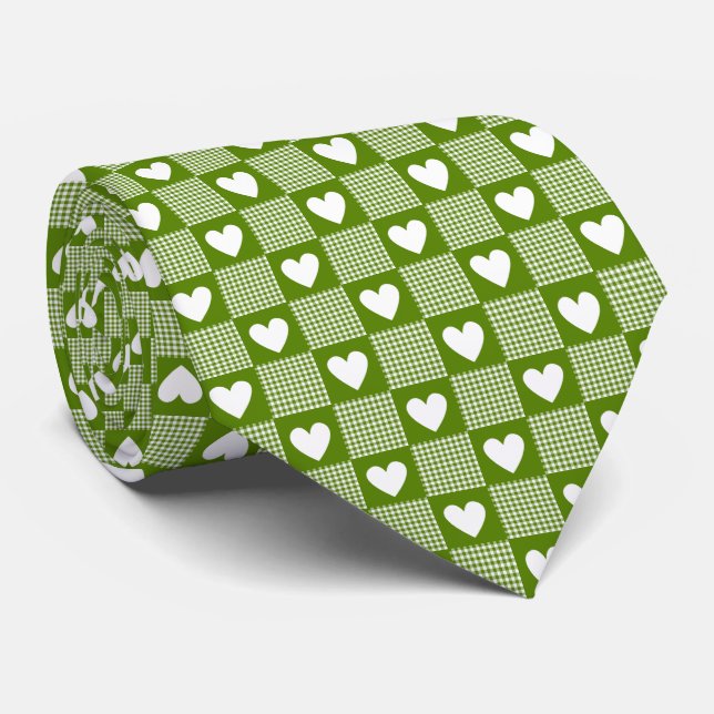 Avocado Green Gingham Heart Patch Plaid Neck Tie Krawatte (Gerollt)