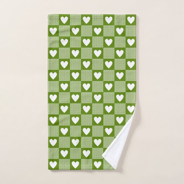 Avocado Green Gingham Heart Patch Plaid Towel Handtuch (Handtuch)