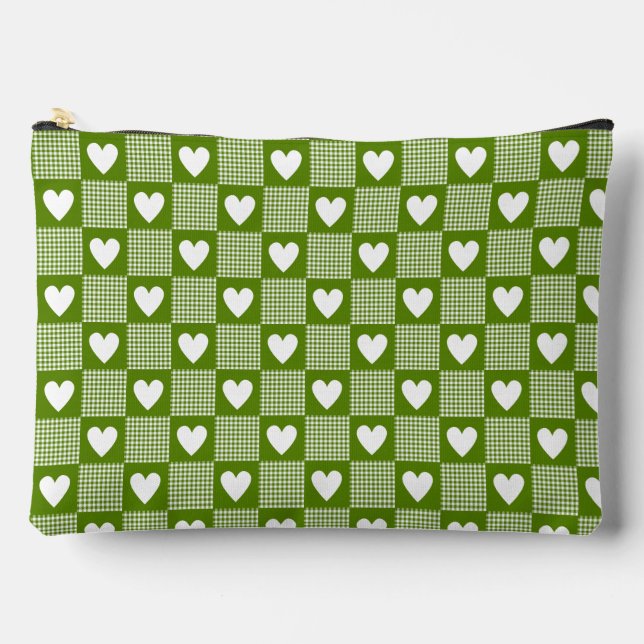 Avocado Green Gingham Heart Patch Plaid Zubehörtasche (Vorderseite)