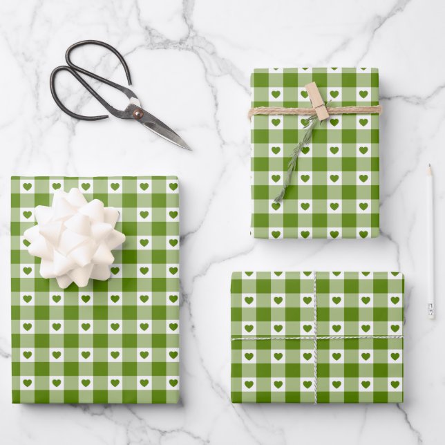 Avocado Green Heart Plaid Gingham Retro Color Geschenkpapier Set (Vorderseite)