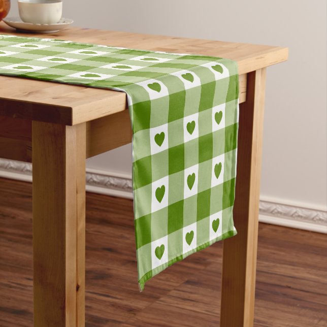 Avocado Green Heart Plaid Gingham Retro Color Kurzer Tischläufer (Beispiel)