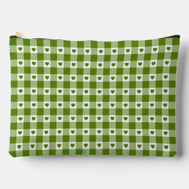 Avocado Green Heart Plaid Gingham Retro Color Zubehörtasche (Vorderseite)