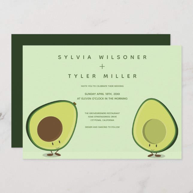 Avocado Green Illustration Wedding Einladung (Vorne/Hinten)