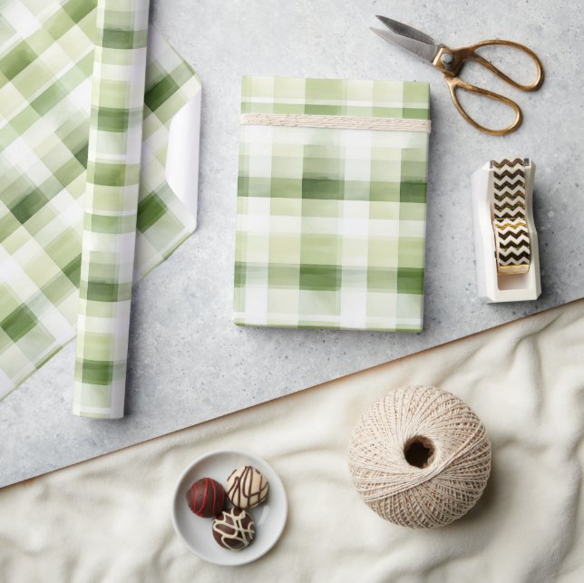 Avocado Green Plaid Stripes Geschenkpapier (Kunsthandwerk)