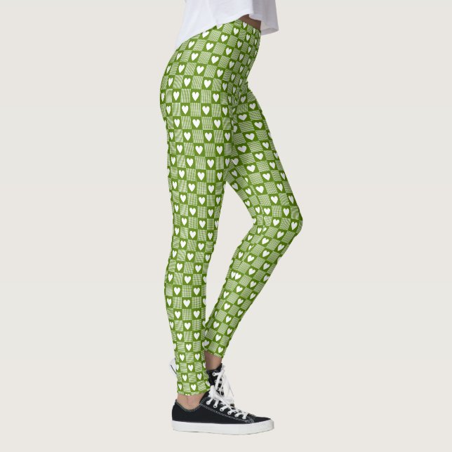 Avocado-Grün Gingham-Herz-Patch-Karo Leggings (Rechts)