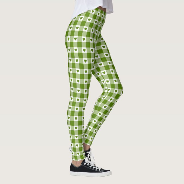 Avocado-Grünes Herz Karo Gingham Retro-Farbe Leggings (Rechts)