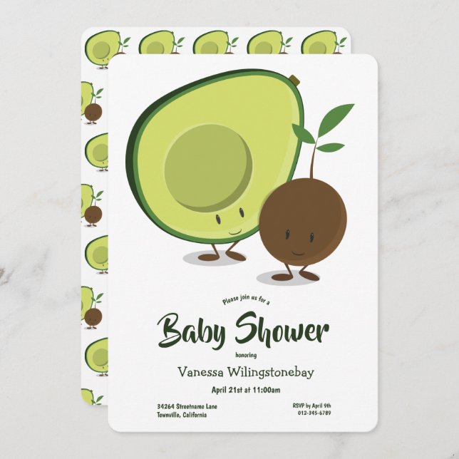 Avocado und Pit Cartoon White Green Baby Dusche Einladung (Vorne/Hinten)
