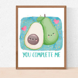 Avocado You Complete Me Liebe Kawaii Watercolor Poster