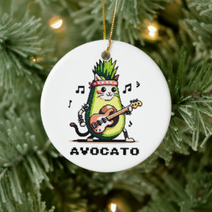 Avocato - Funny Pixel Art Avocado Cat Playing Bass Keramik Ornament