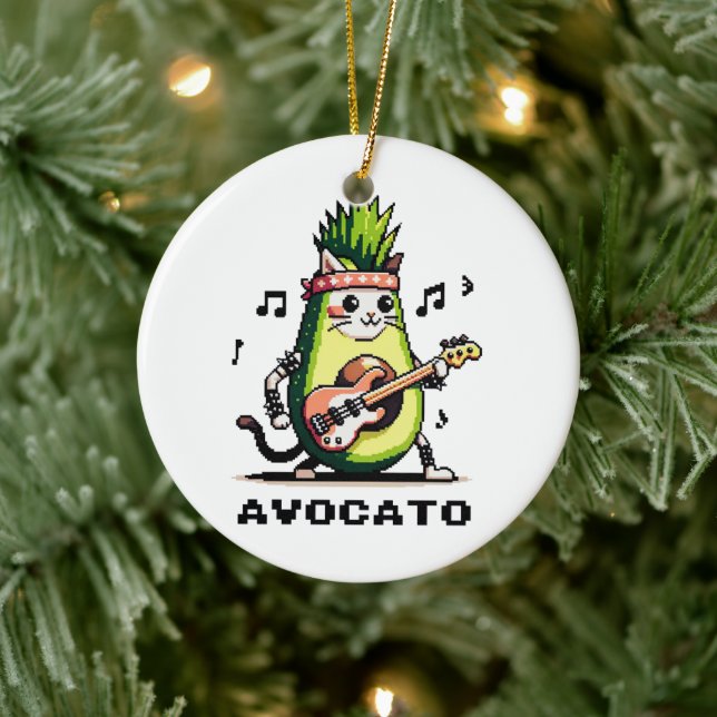 Avocato - Funny Pixel Art Avocado Cat Playing Bass Keramik Ornament (Baum)