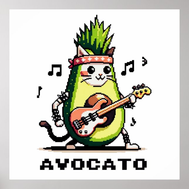 Avocato - Funny Pixel Art Avocado Cat Playing Bass Poster (Vorne)
