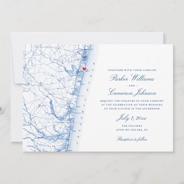 Avon-by-the-sea NJ Map Elegant Navy Blue Wedding Einladung (Vorderseite)