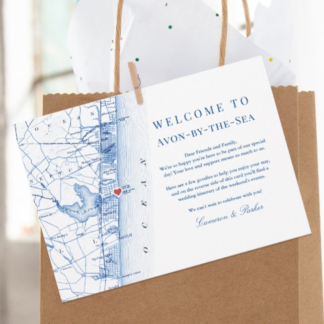 Avon-by-the-sea NJ Marine Wedding Welcome Itinerar Dankeskarte (Avon-by-the-sea NJ Map Wedding Welcome Letter and Weekend Events Itinerary in Elegant Navy Blue)