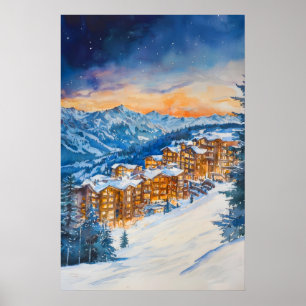 Avoriaz Watercolor Vintage Reiseposter Skifahren Poster