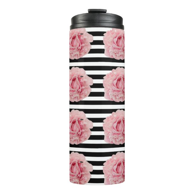 Avryl Fleur Pink Peony Schwarz-weiß Stripes Thermosbecher (Vorderseite)