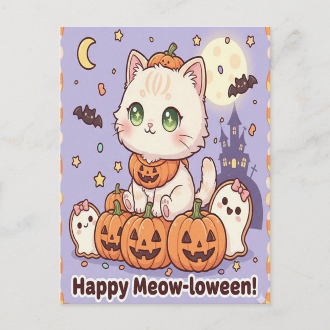 awaii Cat in Pumpkin Costume Halloween Card Postkarte (Vorderseite)