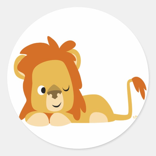 Awake Cartoon Lion Round Aufkleber (Vorderseite)
