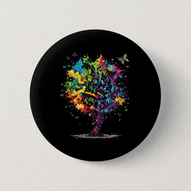 Awareness Autism Puzzle Pieces farbenfrohe Bäume N Button (Vorderseite)