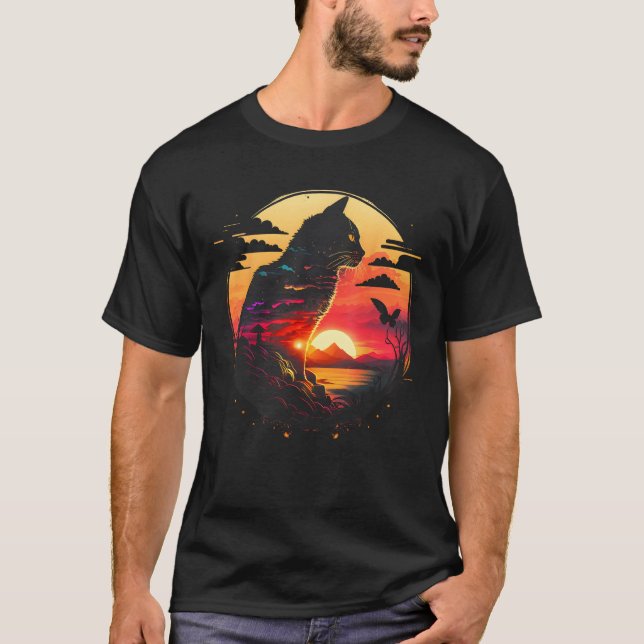 Awesome Cat Sunset Retro Aesthetic Cat  Graphic T-Shirt (Vorderseite)