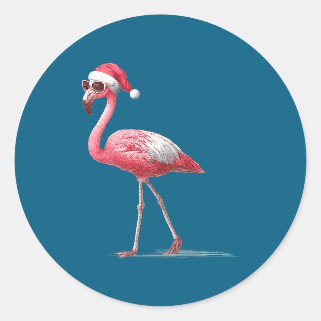 Awesome Cool Flamingo With Christmas Hat And Sungl Runder Aufkleber (Vorderseite)