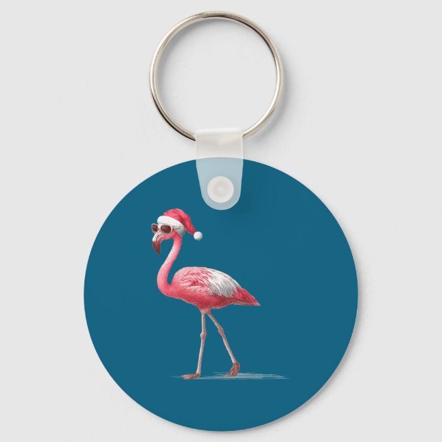 Awesome Cool Flamingo With Christmas Hat And Sungl Schlüsselanhänger (Vorderseite)