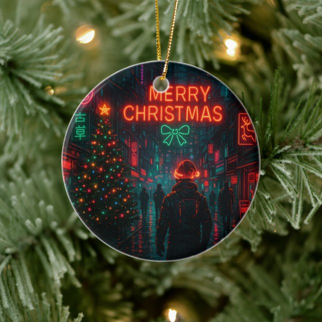 Awesome cyberpunk Christmas street Keramik Ornament (Baum)