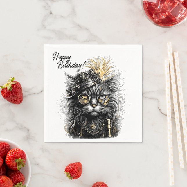 Awesome Steampunk Cat Birthday  Serviette (Beispiel)