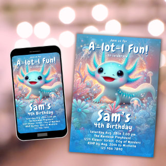 Axolotl Birthday Einladung Neon Boy Axolotl Party