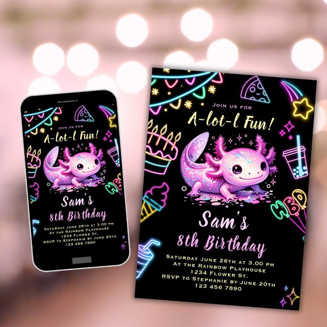 Axolotl Birthday Invitation Neon Axolotl Party Einladung (Von Creator hochgeladen)