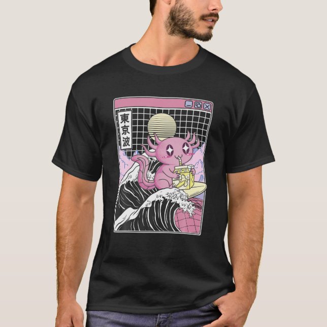 Axolotl Drinking Banana Milk Kanagawa Wave Anime V T-Shirt (Vorderseite)