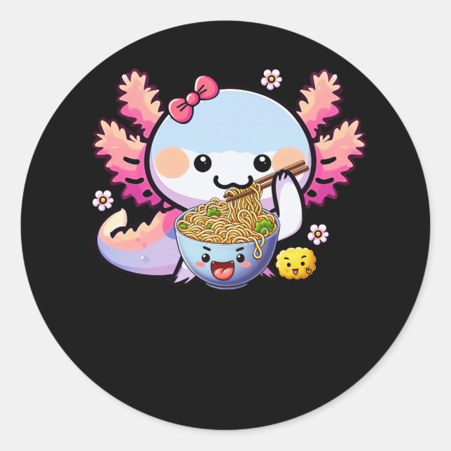Axolotl Eating Ramen Noodle Anime Kawaii Japanisch Runder Aufkleber (Vorderseite)