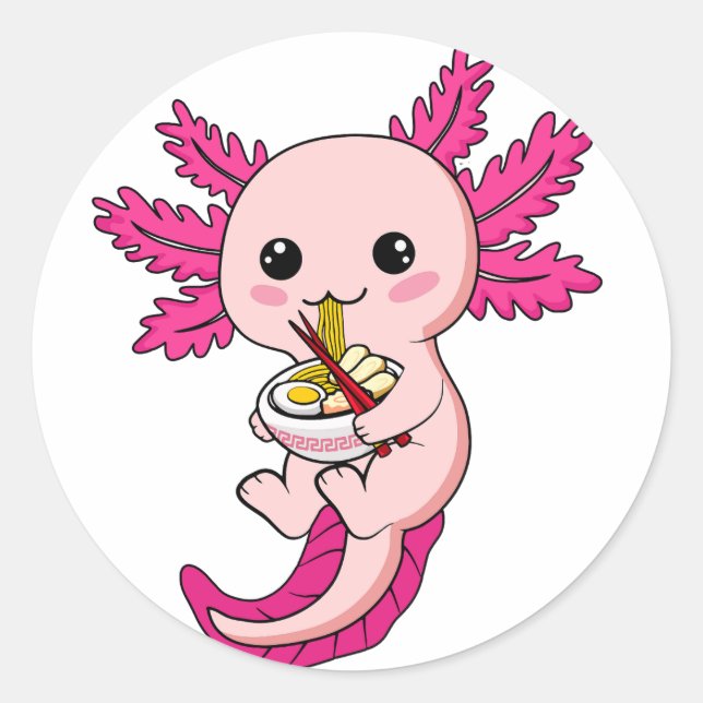 Axolotl Eating Ramen Noodles Kawaii Anime Classic Runder Aufkleber (Vorderseite)