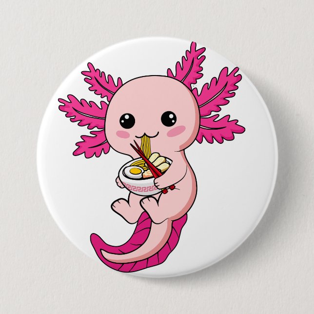 Axolotl Eating Ramen Noodles Kawaii Anime Round Bu Button (Vorderseite)