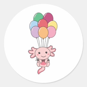 Axolotl fliegt mit farbenfrohen Balloons auf. Runder Aufkleber